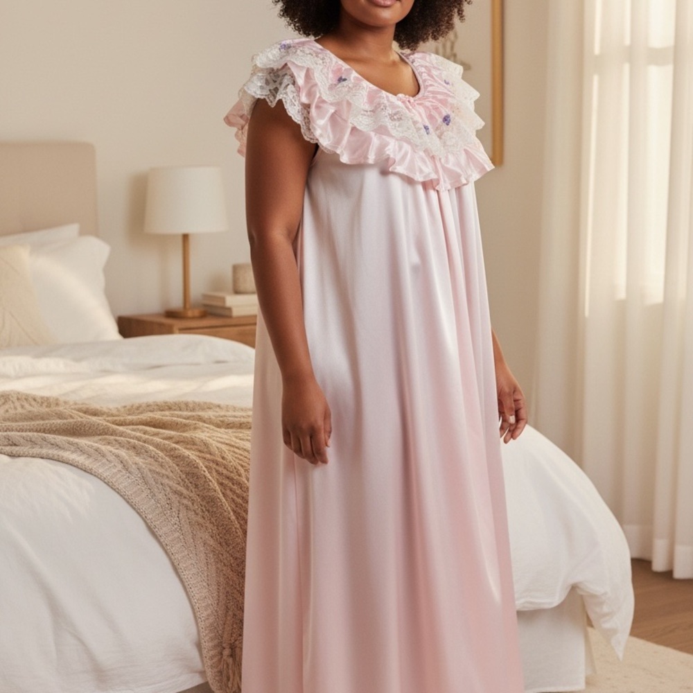 VTG 70’s Pink Satin Nightgown with Lace Ruffle Cottagecore, granny chic size sm